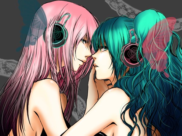 Anime picture 1247x935 with vocaloid magnet (vocaloid) hatsune miku megurine luka makoto (artist) long hair open mouth multiple girls pink hair aqua eyes lips aqua hair shoujo ai face to face insect wings butterfly wings girl 2 girls headphones