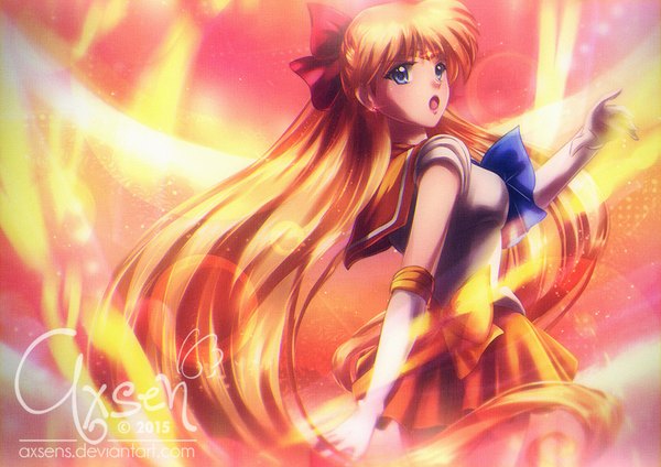 Anime picture 900x636 with bishoujo senshi sailor moon toei animation aino minako sailor venus axsen alexandra mae single looking at viewer fringe open mouth blue eyes blonde hair signed very long hair looking back half updo magical girl 2015 girl gloves