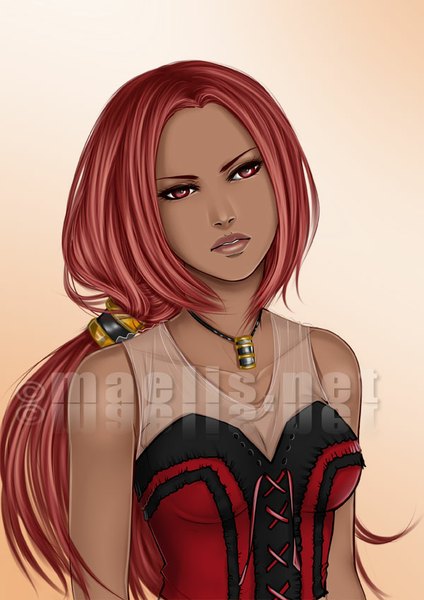 Anime picture 600x848 with m-aelis single long hair tall image breasts simple background red eyes signed looking away red hair lips sleeveless girl choker