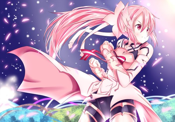 Anime picture 1448x1011 with yuusha de aru yuuki yuuna wa yuusha de aru yuuki yuuna mad (hazukiken) single long hair blush fringe standing looking away pink hair ponytail pink eyes wind fighting stance angry shiny girl bow ribbon (ribbons)