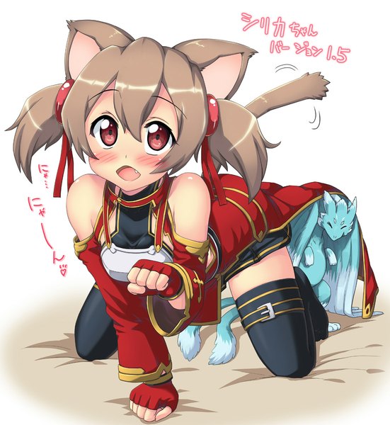 Anime picture 1100x1198 with sword art online a-1 pictures silica pina (sao) hase yu tall image blush short hair open mouth red eyes brown hair twintails bare shoulders animal ears cat ears cat tail short twintails girl thighhighs black thighhighs