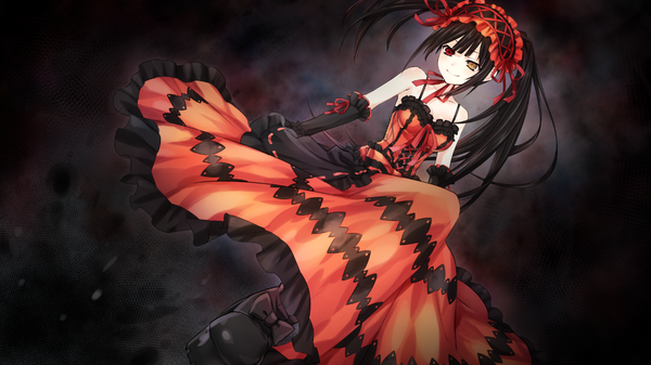 Anime picture 1280x720 with date a live tokisaki kurumi single long hair black hair smile wide image twintails bare shoulders game cg heterochromia dark background uneven twintails girl dress bow detached sleeves boots frills headdress