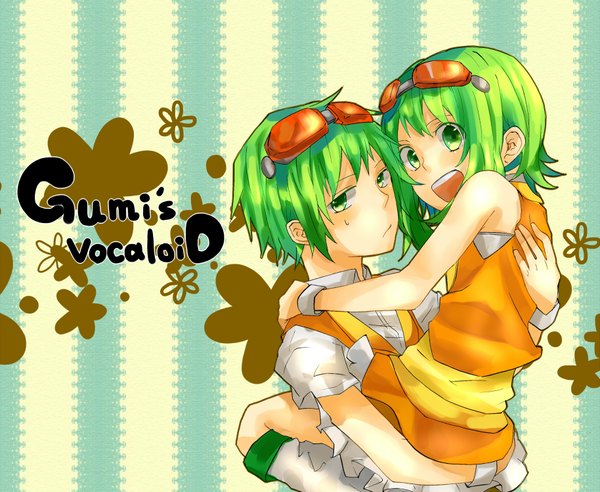 Anime picture 1827x1500 with vocaloid gumi gumo kuronyanko looking at viewer blush highres short hair open mouth green eyes green hair inscription hug striped striped background girl boy goggles flower (symbol)