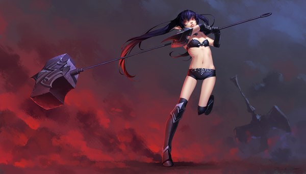 Anime picture 3507x2000 with league of legends poppy (league of legends) daye bie qia lian single long hair highres light erotic black hair red eyes wide image twintails pointy ears girl thighhighs navel weapon black thighhighs shorts short shorts hammer