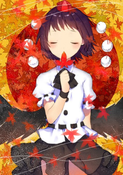 Anime picture 1000x1421 with touhou shameimaru aya acidear single tall image blush short hair black hair standing eyes closed wind covered mouth black wings yellow background girl wings leaf (leaves) blouse pom pom (clothes) maple leaf