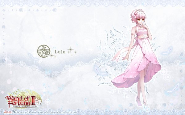 Anime picture 1920x1200 with wand of fortune 2 idea factory lulu (wand of fortune) usuba kagerou single looking at viewer highres short hair wide image bare shoulders pink hair inscription orange eyes wallpaper girl dress jewelry