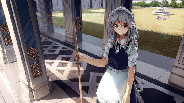 Anime picture 1920x1080 with touhou izayoi sakuya patchouli knowledge treeware long hair looking at viewer fringe highres smile hair between eyes wide image standing multiple girls holding silver hair outdoors braid (braids) fingernails shadow short sleeves