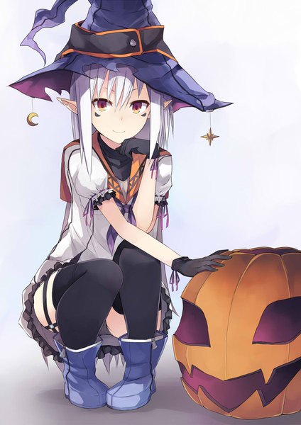 Anime picture 1060x1500 with original keid single long hair tall image looking at viewer fringe light erotic simple background smile hair between eyes red eyes full body white hair pointy ears squat halloween girl thighhighs gloves