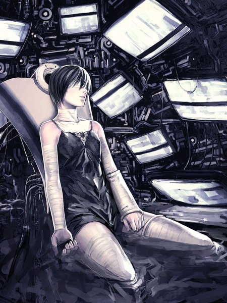 Anime picture 1200x1600 with original iwai ryo single tall image highres short hair black hair sitting blindfold mechanical girl dress detached sleeves water monitor computer