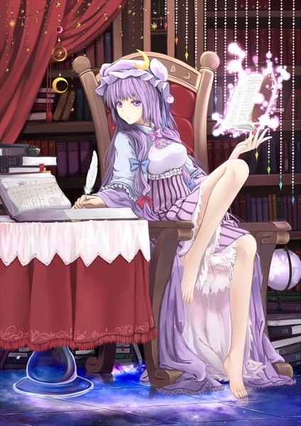 Anime picture 1177x1667 with touhou patchouli knowledge cloudy.r single long hair tall image looking at viewer sitting purple eyes purple hair barefoot bare legs girl dress book (books) feather (feathers) bonnet shelf bookshelf