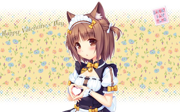 Anime picture 1920x1200 with neko paradise neko works (studio) azuki (sayori) sayori single looking at viewer blush fringe highres short hair brown hair brown eyes animal ears cat ears maid valentine floral background heart hands girl uniform