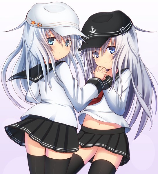 Anime picture 1000x1100 with kantai collection hibiki destroyer verniy destroyer hionhk long hair tall image looking at viewer blush blue eyes white background multiple girls silver hair zettai ryouiki hammer and sickle girl thighhighs skirt navel black thighhighs 2 girls