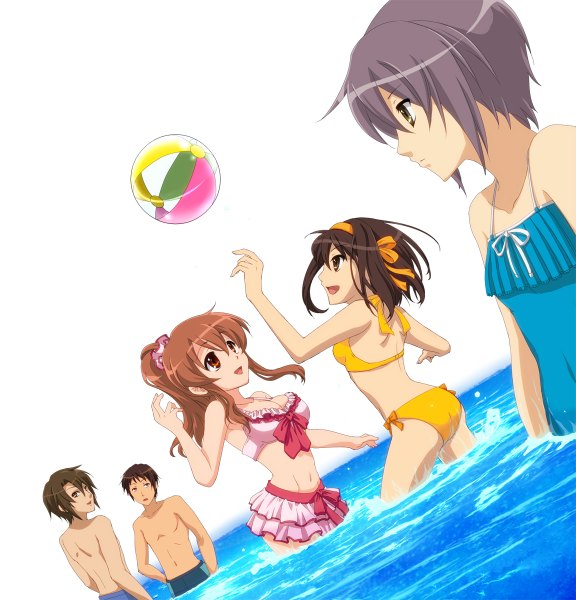 Anime picture 1152x1200 with suzumiya haruhi no yuutsu kyoto animation suzumiya haruhi nagato yuki asahina mikuru kyon koizumi itsuki suama (7070sv) long hair tall image fringe short hair open mouth light erotic simple background hair between eyes red eyes brown hair white background multiple girls