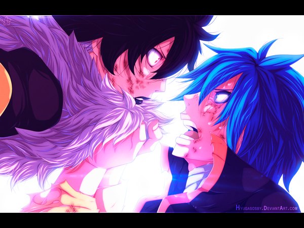 Anime picture 2000x1500 with fairy tail jellal fernandes midnight (fairy tail) hyugasosby highres short hair open mouth blue eyes black hair simple background red eyes white background blue hair profile multiple boys sweat lipstick coloring torn clothes face to face