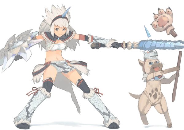 Anime picture 1360x960 with monster hunter kirin (armor) akimbo (artist) long hair blue eyes simple background white background brown eyes white hair horn (horns) light smile shadow warrior girl navel weapon detached sleeves animal sword hairband