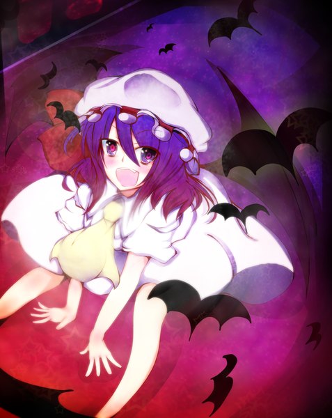 Anime picture 1885x2371 with touhou remilia scarlet benio (dontsugel) single tall image looking at viewer blush highres short hair open mouth purple eyes purple hair bat wings girl dress wings bonnet bat