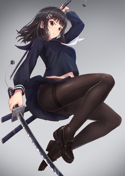 Anime picture 2150x3036 with original joshikou sei shisa ma shi (tori@gununu) tori@gununu single long hair tall image looking at viewer fringe highres breasts light erotic black hair simple background smile holding brown eyes full body bent knee (knees) blunt bangs long sleeves