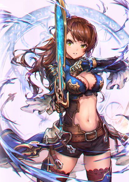Anime picture 707x1000 with granblue fantasy beatrix (granblue fantasy) haoni single long hair tall image looking at viewer blush breasts light erotic brown hair standing holding green eyes ponytail parted lips magic fighting stance center opening girl