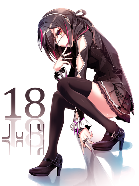 Anime picture 600x800 with original haruka natsuki single long hair tall image looking at viewer black hair simple background white background brown eyes pink hair bent knee (knees) profile pleated skirt shadow high heels piercing finger to mouth ear piercing squat