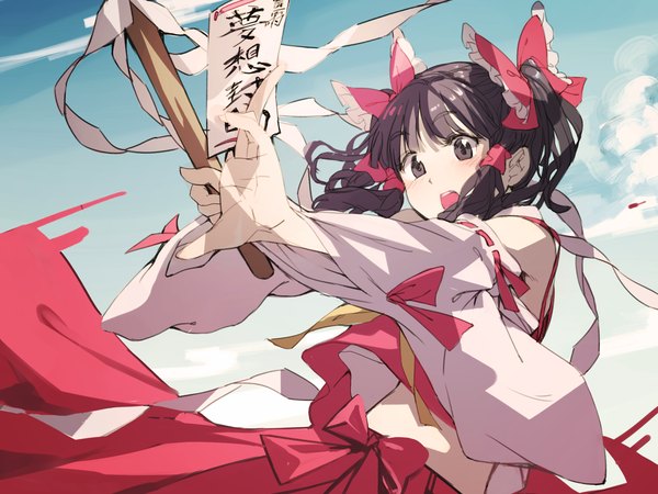 Anime picture 1600x1200 with touhou hakurei reimu geppewi single long hair fringe open mouth brown hair twintails holding brown eyes sky cloud (clouds) traditional clothes alternate hairstyle girl hair ornament bow ribbon (ribbons) hair bow