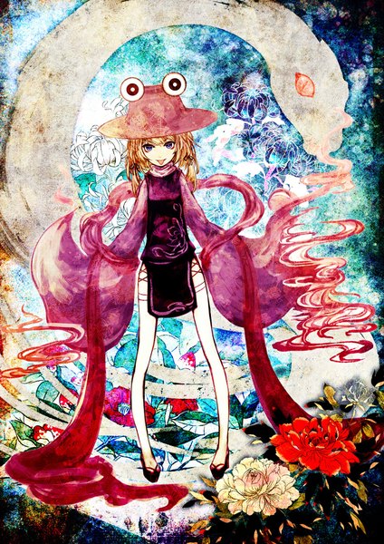 Anime picture 1500x2122 with touhou moriya suwako mishaguji akasia tall image looking at viewer short hair blonde hair purple eyes side slit girl thighhighs flower (flowers) hat animal white thighhighs tongue snake geta