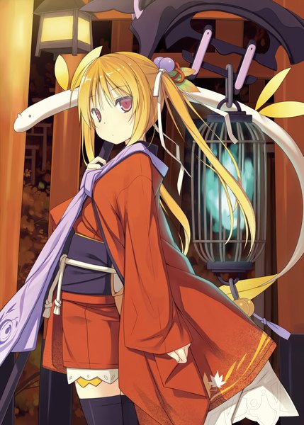 Anime picture 1485x2078 with original poco (asahi age) single long hair tall image blonde hair red eyes twintails traditional clothes japanese clothes girl hair ornament kimono cage