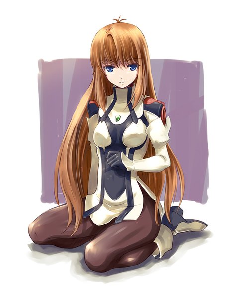 Anime picture 692x889 with xenogears elhaym van houten yone (artist) single long hair tall image looking at viewer fringe blue eyes brown hair white background sitting payot full body light smile girl uniform pantyhose boots black pantyhose