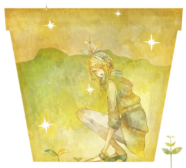 Anime picture 2024x1824 with vocaloid kagamine rin mizutamari tori single highres open mouth hair flower squat girl hair ornament plant (plants) bracelet scarf star (stars) hairpin (hairpins)