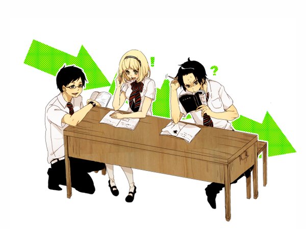 Anime picture 1280x960 with ao no exorcist a-1 pictures okumura rin okumura yukio moriyama shiemi tagme (artist) blush short hair open mouth black hair blonde hair simple background white background sitting multiple boys ? ! girl boy uniform