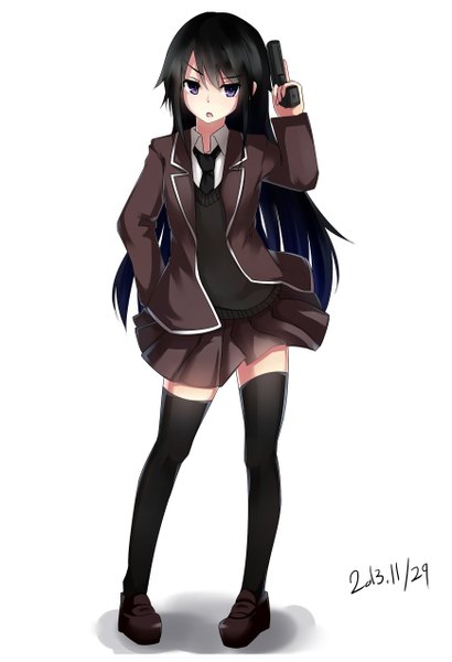 Anime picture 1740x2548 with original otokuyou single long hair tall image looking at viewer fringe highres open mouth black hair simple background standing white background purple eyes holding pleated skirt shadow zettai ryouiki dated open collar