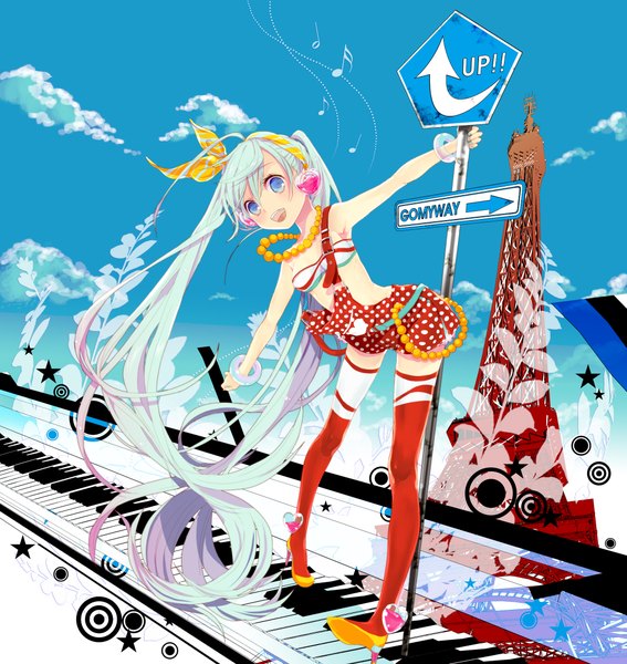 Anime picture 2081x2200 with vocaloid hatsune miku watanabe yuuna tall image highres open mouth blue eyes sky cloud (clouds) very long hair aqua hair girl thighhighs bracelet headphones musical note tower keyboard (instrument)