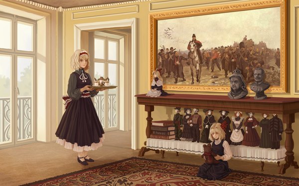 Anime picture 3200x2000 with touhou return from inkerman alice margatroid rumia shanghai hector macdonald queen victoria u-joe highres short hair blonde hair standing sitting multiple girls full body indoors realistic alternate costume seiza military