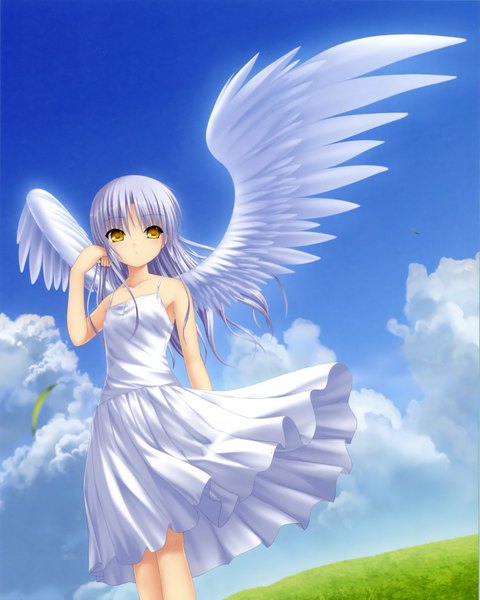 イラスト 2594x3245 と エンジェル ビーツ! key (studio) 立華奏 na-ga ソロ 長髪 長身像 highres 黄色眼 空 銀髪 cloud (clouds) angel wings 女の子 ドレス 植物 白いドレス 草