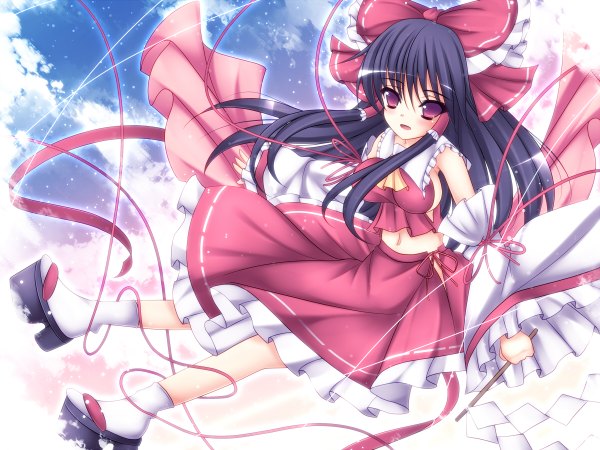 Anime picture 1200x900 with touhou hakurei reimu mikan (5555) single long hair black hair purple eyes miko girl skirt bow ribbon (ribbons) hair bow detached sleeves skirt set