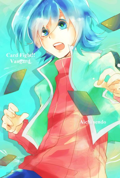 Anime picture 1181x1748 with cardfight!! vanguard sendo aichi sendou aichi karumera single tall image highres short hair open mouth blue eyes signed blue hair inscription multicolored eyes boy card (cards)