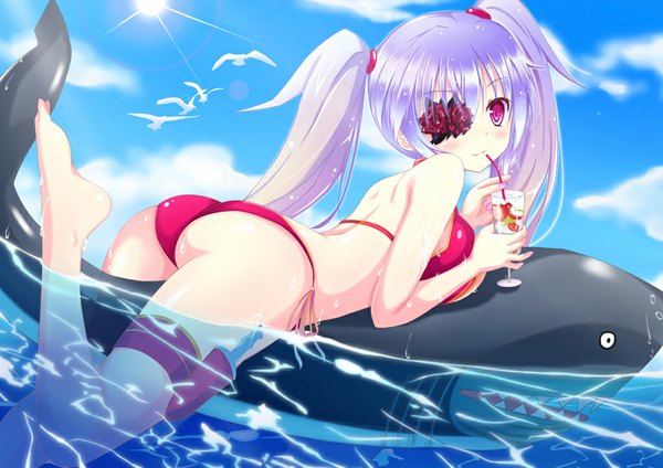 Anime picture 1024x724 with phantasy star phantasy star online 2 sega tagme (character) feijitian single long hair looking at viewer blush light erotic twintails purple hair ass pink eyes barefoot wet turning head on stomach girl swimsuit