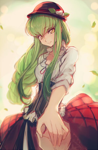 Anime picture 600x919 with code geass sunrise (studio) c.c. creayus long hair tall image looking at viewer fringe smile hair between eyes standing signed yellow eyes upper body braid (braids) head tilt green hair blurry holding hands cosplay