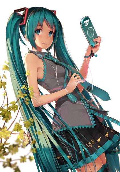 Anime picture 700x1000 with vocaloid hatsune miku efmoe single tall image looking at viewer blush simple background white background twintails very long hair aqua eyes aqua hair girl skirt necktie headphones insect butterfly psp