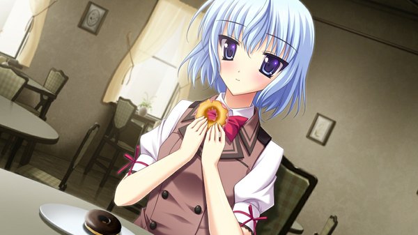 Anime picture 1024x576 with shion no ketsuzoku (game) short hair wide image purple eyes game cg white hair loli girl food doughnut