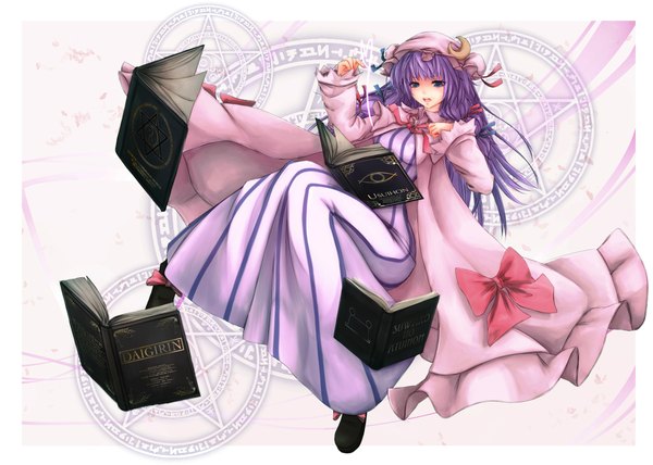 Anime picture 2100x1500 with touhou patchouli knowledge maru-pen single long hair highres blue eyes purple hair magic girl dress bow hair bow book (books) bonnet magic circle