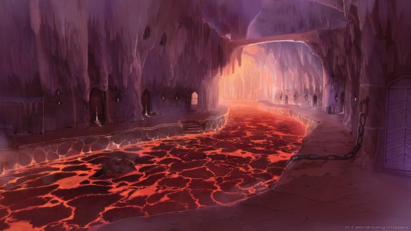 Anime picture 1280x720 with original mary (pixiv) wide image no people river lava chain door cave