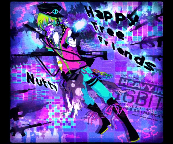 Anime picture 1110x928 with happy tree friends nutty carol (pixiv) single green hair multicolored eyes personification boy boots headphones gun chain pants eyepatch flat cap