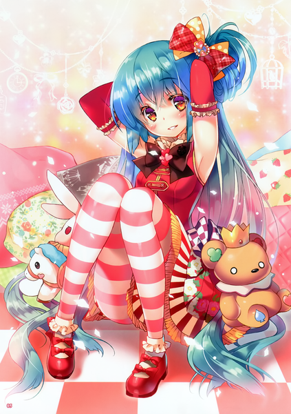 Anime picture 2118x3005 with miwabe sakura single long hair tall image looking at viewer blush highres red eyes blue hair very long hair checkered floor floor girl dress gloves bow hair bow pantyhose elbow gloves toy