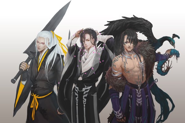 Anime picture 2818x1877 with original quaanqin long hair looking at viewer highres black hair red eyes purple eyes yellow eyes white hair ponytail long sleeves traditional clothes one eye closed wink multiple boys tattoo outstretched arm adjusting hair face paint