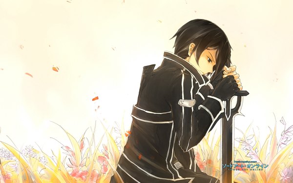 Anime picture 1920x1200 with sword art online a-1 pictures kirigaya kazuto single highres short hair black hair wide image looking down boy gloves flower (flowers) weapon plant (plants) sword fingerless gloves grass coat autumn leaves