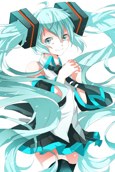 Anime picture 1200x1800 with vocaloid hatsune miku hibiya single tall image looking at viewer simple background smile white background twintails ahoge very long hair pleated skirt aqua eyes aqua hair girl thighhighs black thighhighs detached sleeves necktie