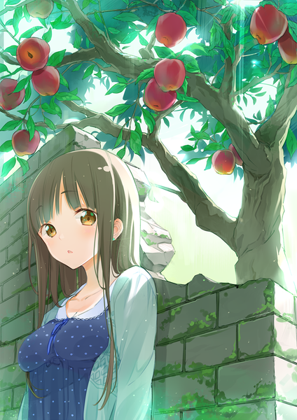 Anime picture 1000x1414 with original maigoyaki single long hair tall image looking at viewer blush fringe breasts brown hair brown eyes upper body parted lips :o polka dot brick wall girl plant (plants) tree (trees) leaf (leaves)