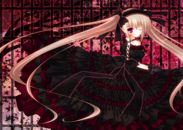Anime picture 2067x1469 with wreathlit69 highres blonde hair purple eyes twintails very long hair one eye closed wink loli lolita fashion girl dress gloves black dress
