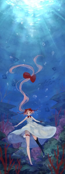 Anime picture 2000x5333 with hello kitty vocaloid sanrio nekomura iroha pisuke single tall image blush highres brown eyes pink hair very long hair barefoot underwater girl thighhighs dress bow hair bow water