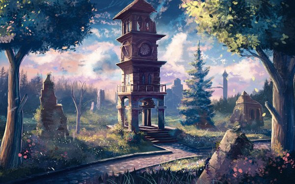 Anime picture 1280x800 with original sylar113 sky cloud (clouds) outdoors no people landscape scenic ruins nature plant (plants) tree (trees) building (buildings) grass clock road tower clock tower
